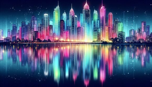 Download Neon Skyline Water Reflection - Line Collection