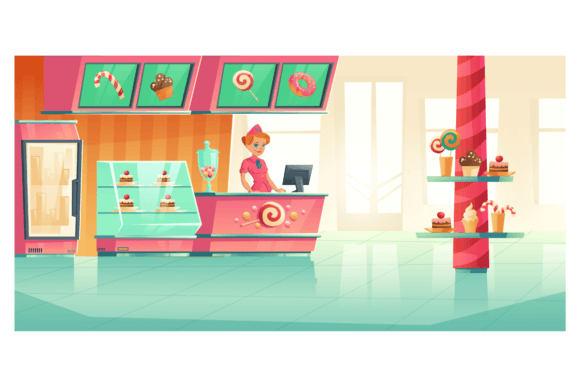 Download Bakery and Candy Shop Interior with Cashier Behind Bar Counter - Shop Collection