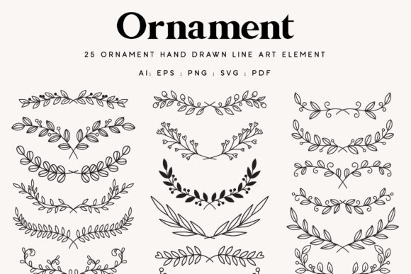 Download 25 Leaf Ornament Wedding Lineart Element - Line Collection