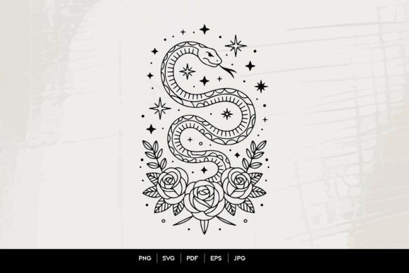 Download Mystic Snake and Roses Line Art SVG - Line Collection