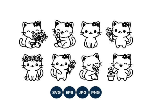 Download Cute Cat Flower Line Art Vector - Line Collection