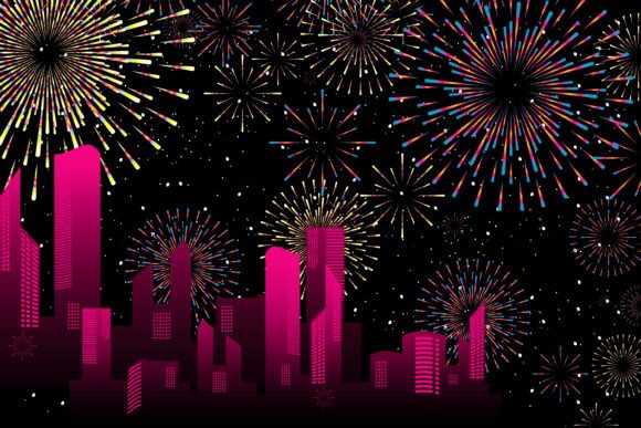 Download Fireworks on New Year's Eve in Skyline - Line Collection